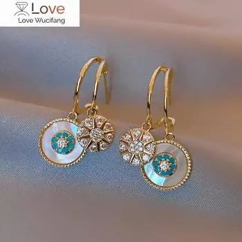 Корея продает модные ювелирные изделия двойные круглые серьги-подвески элегантные женские аксессуары с синим камнем и ракушкой Starburst белый