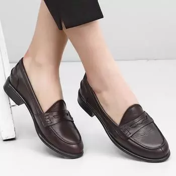 Коричневая антикварная коричневая повседневная женская обувь бездельников на каблуке из натуральной кожи с круглым носком