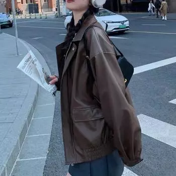 Коричневая кожаная куртка женская короткая ранняя осень новая маленькая гонконгская ретро повседневная мотоциклетная куртка кожаная S