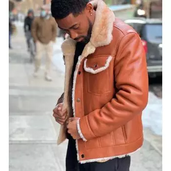 Коричневая плюшевая утолщенная мужская кожаная куртка с меховым воротником S коричневый