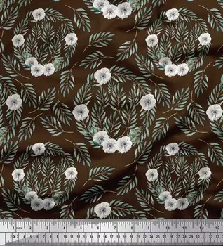 Коричневая поли креповая ткань Soimoi с принтом анемона и листьев, метр 42 дюйма 42 Inch Wide - Poly Crepe коричневый
