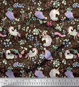 Коричневая японская креп-сатиновая ткань Soimoi с цветочным принтом и единорогом, 42 дюйма по метрам 42 Inch Wide - Poly Crepe зелёный