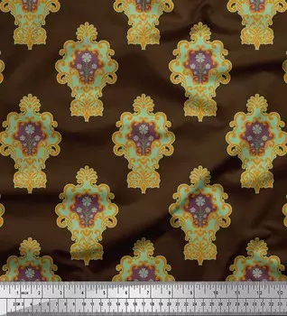 Коричневая японская креп-сатиновая ткань Soimoi с цветочным дамасским принтом, 42 дюйма по метрам 42 Inch Wide - Poly Crepe синий