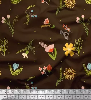 Коричневая японская креп-сатиновая ткань Soimoi с художественным принтом в виде листьев и цветочного принта, 42 дюйма по метрам 42 Inch Wide - Poly Georgette коричневый