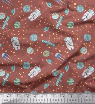Коричневая японская креп-сатиновая ткань Soimoi, ткань с принтом «Астронавт и планета Галактика», 1 метр, 42 дюйма 42 Inch Wide - Poly Crepe коричневый