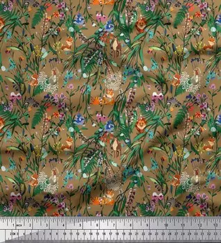 Коричневая вискозная ткань Soimoi с принтом в виде листьев и мультяшных животных в джунглях, 42 дюйма в ярдах 42 Inch Wide - Viscose Chiffon коричневый