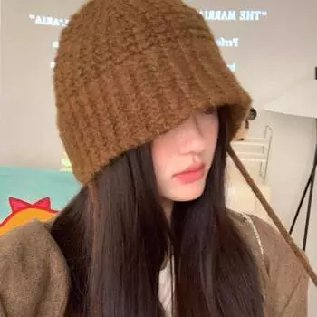 Коричневая вязаная шапка женская осенне-зимняя большая окружность головы корейская версия теплая шерстяная шапка панама универсальная показывающая маленькое лицо M56-58cm темно-коричневого