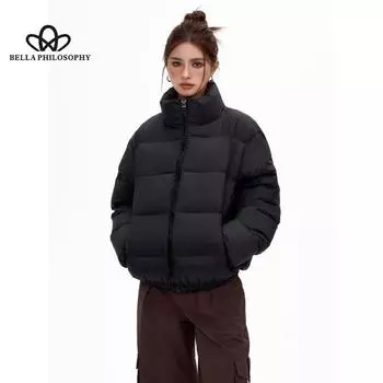 Коричневое короткое утолщенное теплое пуховое пальто, осенне-зимнее новое свободное повседневное однотонное белое пальто на утином пуху S чёрный