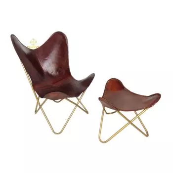 Коричневое кожаное кресло для отдыха - индийское кресло-бабочка ручной работы с османской рамкой коричневый