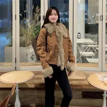 Коричневое пальто из овечьей шерсти для женщин, осень-зима 2024, новая утолщенная одежда из овечьей шерсти небольшого размера из хлопка S