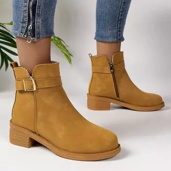 Коричневые ботильоны из искусственной замши для женщин, модные ботинки в стиле вестерн с пряжкой на низком каблуке, женские короткие ботинки с молнией сбоку и толстым каблуком, женские 36