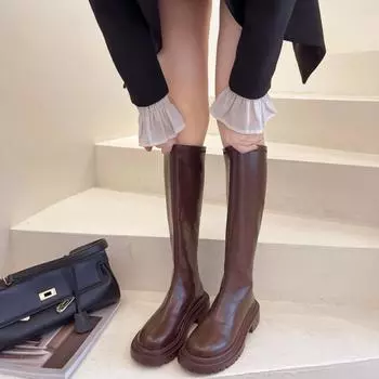 Коричневые длинные сапоги женские сапоги до колена на толстом каблуке с платформой лодочки осень-зима с боковой молнией модные рыцарские ботинки женские туфли челси 35 бежевый