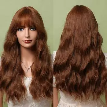 Коричневые длинные волнистые синтетические парики с челкой для повседневной вечеринки, парик для косплея для женщин