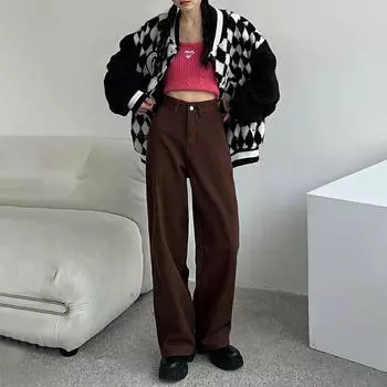 Коричневые джинсы, женские летние мешковатые прямые широкие брюки с высокой талией, женские повседневные уличные брюки Y2k, винтажные джинсовые брюки S коричневый