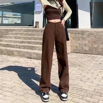 Коричневые джинсы женские с высокой талией мешковатые прямые широкие брюки повседневные джинсовые брюки винтажные Y2k Claothes уличная одежда больших размеров женская одежда S коричневый