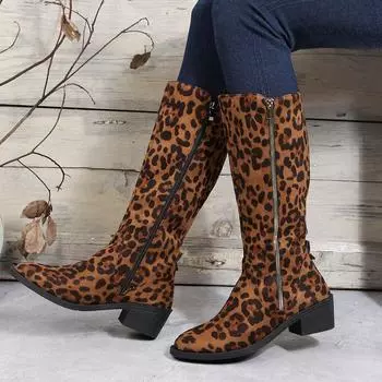 Коричневые леопардовые высокие сапоги женские сапоги на платформе женские осенне-зимние сексуальные ковбойские сапоги до середины голени для верховой езды Botas Mujer 36