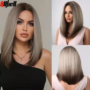 Коричневые пепельно-русые прямые парики для чернокожих женщин, синтетические волосы средней длины с эффектом омбре, термостойкие натуральные парики для вечеринок, для косплея Wig-LC2022-1