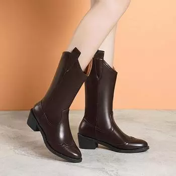 Коричневые сапоги до середины голени с V-образным вырезом на толстом каблуке, весенне-осенние туфли с острым носком, черные ковбойские сапоги в стиле вестерн для женщин 35 бежевый
