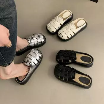 Коричневые тапочки на круглой платформе для женщин, новые плетеные тапочки для лета 35