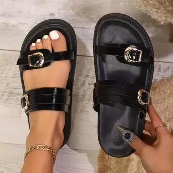 Коричневые тапочки с пряжками на плоской подошве, женские сандалии с круглым носком и открытым носком на толстой подошве, летние тапочки для отдыха на открытом воздухе для женщин 36
