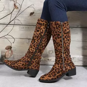Коричневые высокие сапоги с леопардовым принтом, женские ботинки, обувь на платформе для женщин, осенне-зимние пикантные ковбойские сапоги до середины икры для верховой езды, Botas Mujer 2024 36 коричневый