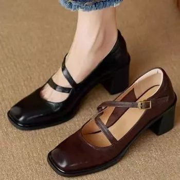 Коричневые женские туфли Мэри Джейн на низком каблуке в английском стиле, маленькие кожаные туфли, универсальные туфли на толстом каблуке во французском стиле, лето 35 коричневый