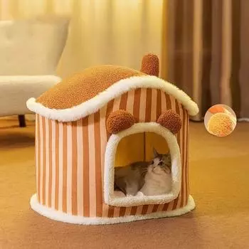 Коричневый бархатный плюшевый домик для медвежонка с объемными ушками, домик для кошки, домик для собаки, теплые осенние и зимние товары для собак S