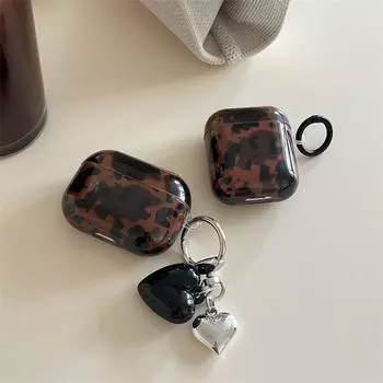 Коричневый чехол для беспроводных наушников Airpodspro2 поколения с леопардовым принтом 1/2 поколения Сердце Классный 3 поколение Ударопрочный бокс 5 поколение Женский AirPods 4 Amber + Black Ring