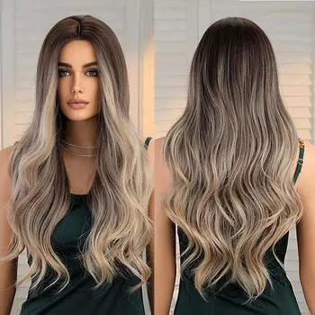 Коричневый длинный вьющийся парик с полной головой, женский парик с большой волной, модный средний градиент 60cm