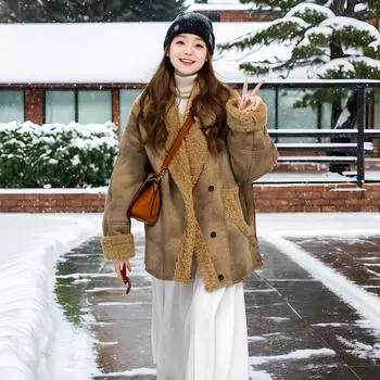 Коричневый грязный мех интегрированное пальто из овечьей шерсти женское осень и зима новое утолщенное ленивое свободное лацкан машинной вязки XS коричневый