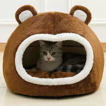 Коричневый кошачий домик, теплый домик для питомца, мягкий, длинный, плюшевый, для котят, подушка для лежака, для маленьких собак, палатка, пещера, кровати для уютного кошачьего домика, принадлежности для коврика M34x34x33cm коричневый