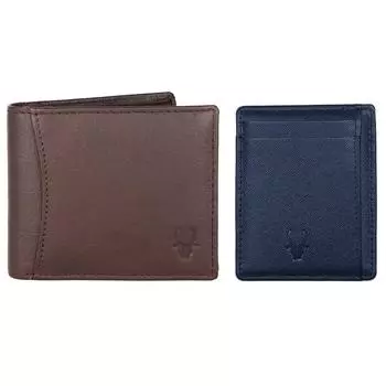 Коричневый кожаный мужской кошелек и синий футляр для карт Safiano