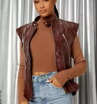 Коричневый кожаный жилет для вечеринок, пальто в стиле вестерн из овчины, стильное пальто-жилет для женщин S коричневый