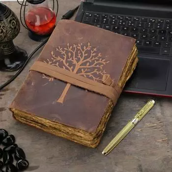 Коричневый кожаный журнал ручной работы из дерева, винтажный антикварный бумажный блокнот с краями Deckle. 8 x 6 in коричневый