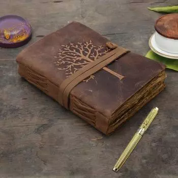 Коричневый кожаный журнал ручной работы из дерева, винтажный антикварный бумажный блокнот с краями Deckle. 8 x 6 in коричневый