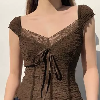 Коричневый кружевной укороченный топ y2k с бантом и квадратным воротником, летняя футболка с короткими рукавами, женская винтажная милая футболка в стиле Харадзюку, корейская сказочная футболка S коричневый