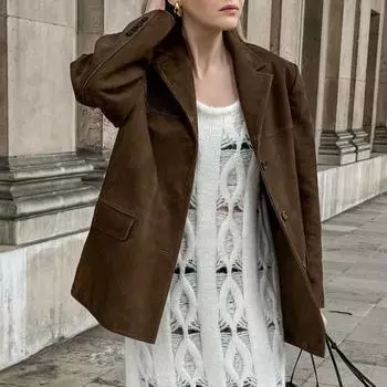 Коричневый матовый бархат ретро лацкан свободная замшевая куртка осень и зима майяр пиджак женский L коричневый