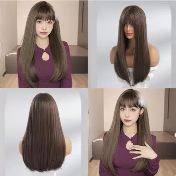 Коричневый Пушистый Ци Челка Натуральный Парик Химические Волосы Модный Волоконный Парик С Полной Головой Длинные Прямые Волосы 65cm
