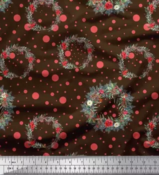 Коричневый японский креп-сатин Soimoi, ткань с принтом венок и горошек, 42 дюйма по метрам 42 Inch Wide - Poly Crepe коричневый