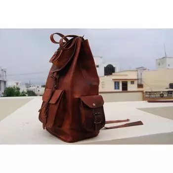 Коричневый винтажный рюкзак из козьей кожи, настоящая сумка-портфель, натуральная сумка-мессенджер для ноутбука. Размер 16x8 дюймов 16x8 Inches коричневый
