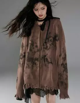 Коричневый вязаный кардиган на молнии для женщин Harajuku Винтаж Y2k Готический свитер Японский тай-дай топы с длинными рукавами осень S коричневый