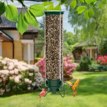 Кормушка для птиц из металла, защищающая от белок, подвесная кормушка для птиц с насестом, прозрачная трубка, станция кормления для уличных птиц для дятлов, воробьев, вьюрков зелёный