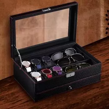 Коробка для часов, органайзер для солнцезащитных очков, большая вместимость, несколько отделений, дизайн окна, держатель для часов, подставка, футляр для хранения с выдвижным ящиком чёрный