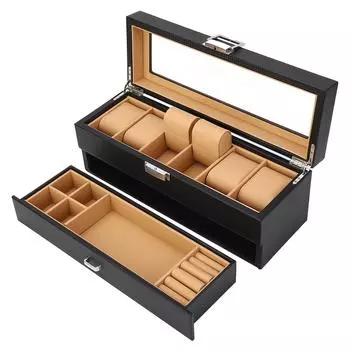 Коробка для часов с 6 отделениями, двухслойная, из черного углеродного волокна, из искусственной кожи, органайзер для хранения часов и ювелирных изделий