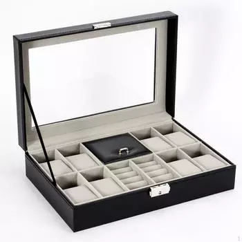 Коробка для часов, витрина, держатель для дорожных украшений со стеклянной крышкой из искусственной кожи