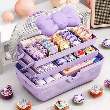 Коробка для хранения аксессуаров для волос с ручкой, большая вместимость, 3 слоя, дизайн, пылезащитный органайзер, коробка, ювелирные изделия, заколки для волос фиолетовый