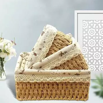 Коробка для хранения косметики, плетеная из искусственной соломы, плетеная из лозы, корзина для хранения украшений в пасторальном стиле, корзина для хранения S 18x12x10