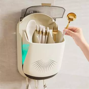 Коробка для хранения кухонных столовых приборов, настенное крепление, держатель для хранения столовых приборов с крышкой, пылезащитный органайзер для ложек и палочек для еды, сливные полки
