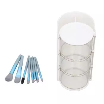 Коробка для хранения пуховки с 8 шт. кистей для макияжа, пластиковая, прозрачная, пыленепроницаемая, вращающаяся, 3 уровня белый