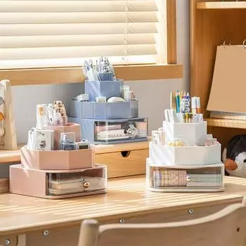 Коробка для хранения ручек, 9 слотов, вращающийся на 360 градусов стол, органайзер, чашка для кистей для макияжа, держатель для карандашей для бровей, канцелярские принадлежности L розовый